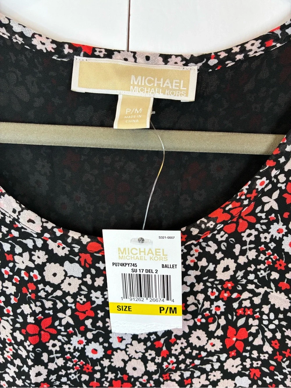 Michael Kors Floral Layered Chiffon Blouse Black Red White Petite Medium NWT